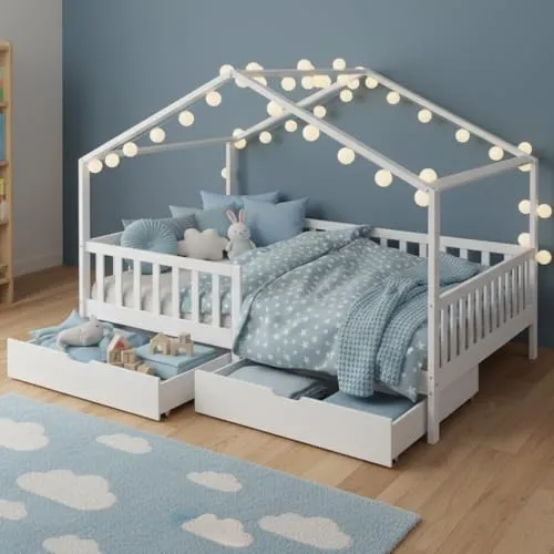 Bellabino Bia Kinderbett 140x200 cm – Hausbett mit Rausfallschutz, Lattenrost & 2 Schubladen – Montessori Kinder Bett aus Massivholz Kiefer – für Jungen und Mädchen mit Stauraum in Weiß