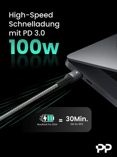 ProfiPatch USB C auf USB C Kabel 2m 100W PD 3.0 5A E-Mark Chip grau Goldkontakt Textil USB Datenkabel, Schnellladekabel für Notebooks, Laptops und Handys