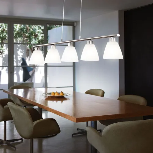 Hängelampe Esstisch, 5-flammig, höhenverstellbar in Silber - Lampen für stilvolle Raumgestaltung, 5-flammig mit E14 Fassungen, ideal für Wohnzimmer oder Büro. Setzen Sie Akzente mit der eleganten Alabasteroptik und sparen Sie Strom mit LED-Leuchtmitteln.