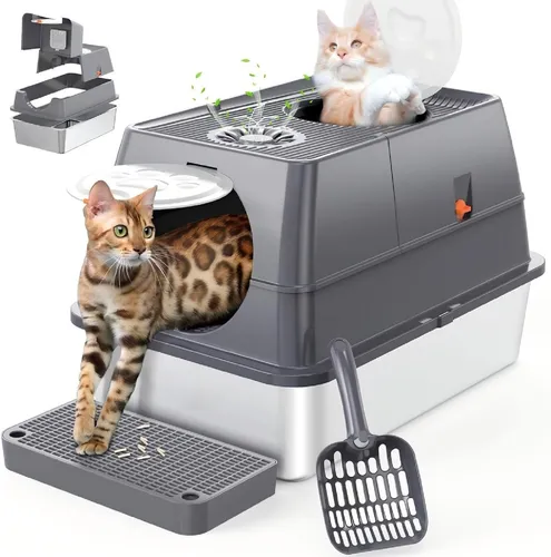 Edelstahl Katzentoilette XL mit Deckel und Schaufel – Dunkelgrau