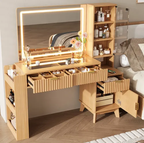 okwish Schminktisch mit LED-Spiegel und Schubladen
