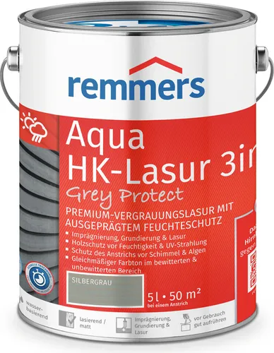 Remmers HK-Lasur 3in1 Grey Protect [plus] silbergrau - Premium Holzlasur für außen – vereint Imprägnierung, Grundierung und Lasur in einem und bietet starken Feuchte- und UV-Schutz für langlebige Grautöne.