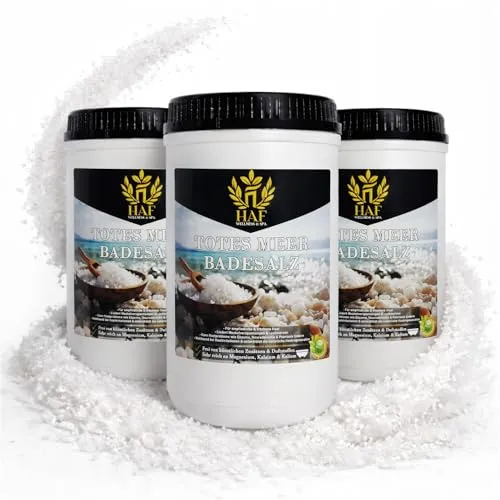 HAF Premium Totes Meer Badesalz aus Jordanien (3 x 1 kg) – Naturreines Mineralsalz für Wellness - REICHHALTIGE MINERALIEN – Genießen Sie die Vorteile von natürlichem Meersalz mit einer hohen Konzentration an Mineralien. Ideal für entspannende Bäder und die Körperpflege. 100% NATÜRLICHE REINHEIT – Ohne künstliche Zusatzstoffe, perfekt für höchste Ansprüche.