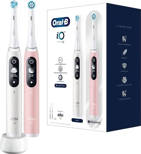 Braun Oral-B iO6 DuoPack White/Pink - Zahnbürsten-Set für optimale Mundhygiene, mit innovativer Smart Pressure Sensor Technologie für sanftes Zähneputzen.