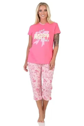 Normann Damen Capri Schlafanzug Kurzarm Pyjama in edler Optik mit Schleifen als Motiv, Farbe:pink, Größe:40-42