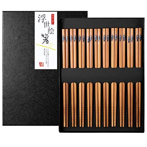 MELLIEX 10 Paar Essstäbchen Japanisch Bambus Chopsticks Wiederverwendbar Waschbar Eßstäbchen Set mit Schwarzer Geschenkbox für Asiatisches Geschirr, Fisch