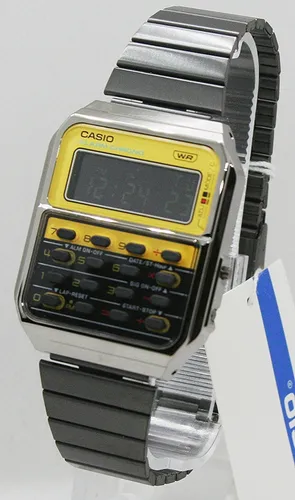 Casio Vintage Armbanduhr CA-500WEGG-9BEF - Schwarz/Bunt - Digitaluhr mit integriertem 8-stelligen Taschenrechner, wasserdicht bis 3 Bar und elegantem Edelstahlarmband. Ideal für aktive Menschen, die Stil und Funktionalität schätzen.