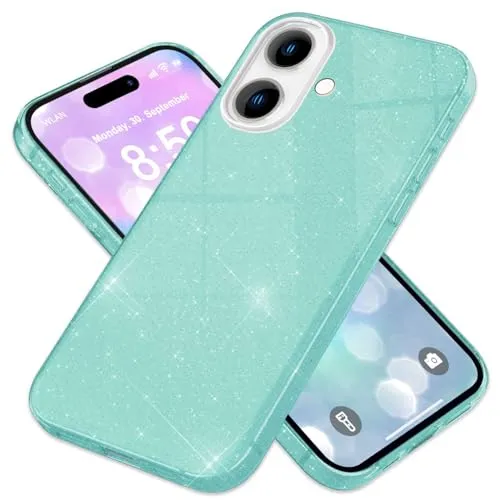NALIA Robustes Glitzer Cover kompatibel mit iPhone 16 Hülle, Glitter Case Glitzerhülle Schutzhülle Glänzend, Verstärkte Silikon Hybrid Handyhülle, Diamant-Pailletten Strass Bling, Farbe:Mint-Grün