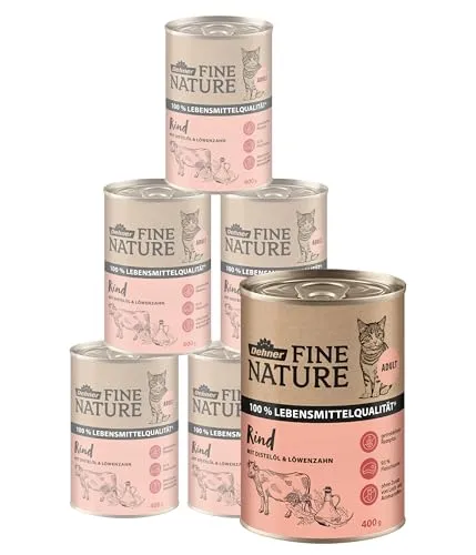 Dehner Fine Nature Katzenfutter Rind, 6 x 400 g - Dosenfutter für Katzen, hochwertiges getreidefreies Nassfutter in Lebensmittelqualität mit Distelöl und Taurin für gesunde, glückliche Katzen.
