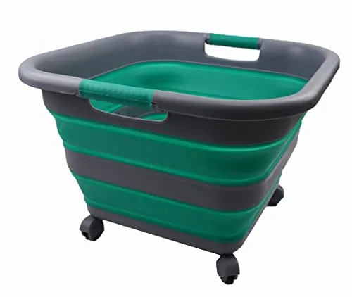 SAMMART Faltbarer Wäschekorb aus Kunststoff mit Rädern, 39 l, zusammenklappbar, mit Rollen, tragbare Waschwanne, platzsparender Korb (1, Dark Grey/Bluish-Green)
