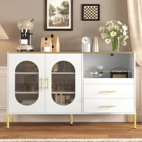 Merax Sideboard 140x38x90cm Weiß mit Glastüren, Kommode mit Schubladen und goldenen Akzenten,Elegante Kommode mit Kabelmanagement und Stauraum für Wohnzimmer, Esszimmer & Flur