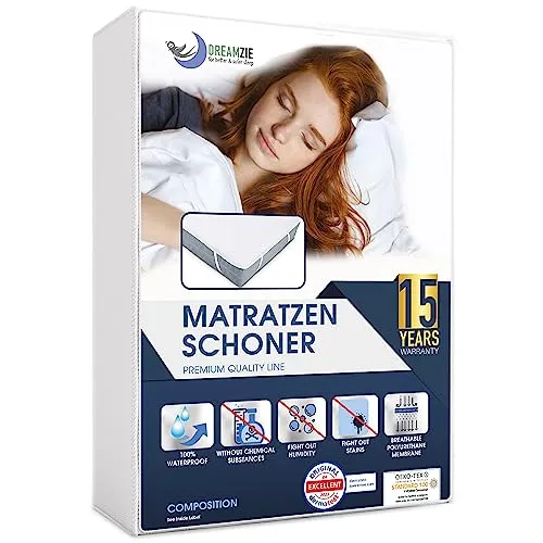 Dreamzie Matratzenschoner 100x200 cm - Wasserdicht & Oeko-TEX Zertifiziert - Wasserdichte Matratzenauflage 100x200 cm, atmungsaktiv und pflegeleicht. Schützt vor Feuchtigkeit und Flecken, ideal für Familien und Allergiker. 15 Jahre Garantie für dauerhaften Schutz!