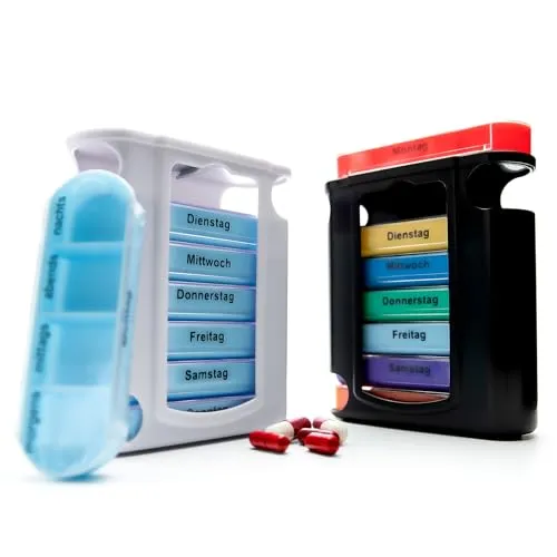 BigDean 2er Mix Set Tablettenbox 7 Tage Morgens, Mittags, Abends & Nachts in Schwarz und Weiß – Medikamentenbox BPA-frei & Lebensmittelecht – luftdichte Pillendose auch für unterwegs geeignet