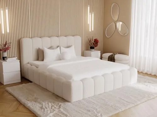 GRAINGOLD Smile Bett 200x200, Polsterbett mit Bettkasten, Polsterbett mit Stauraum, Bouclé-Stoff, mit Lattenrost, mit Kopfteil, ohne Matratze (Creme, 200x200)