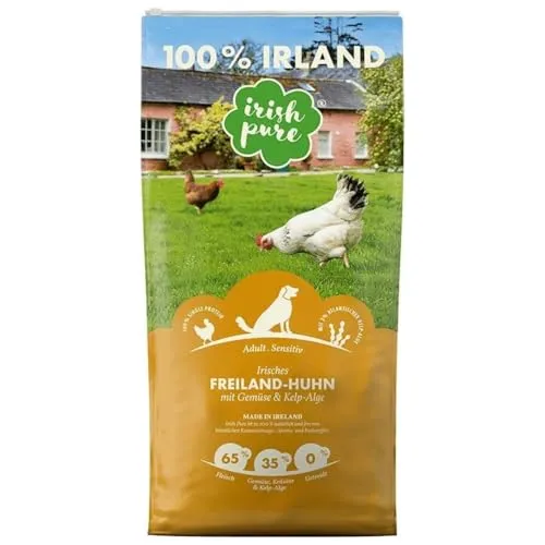 Irish Pure Trockenfutter Adult 4kg - Freiland-Huhn mit Kelp-Alge - Getreidefreies Hundefutter mit 65 % Freiland-Hühnerfleisch, 3 % Kelp-Alge für bessere Verdauung und ein starkes Immunsystem. Ideal für alle Rassen!