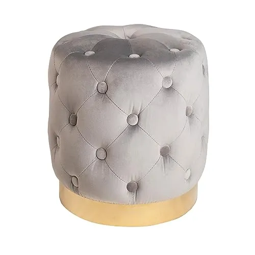 Eleganter Hocker MODERN BAROCK 37cm - Grau mit goldenen Akzenten - Stilvoller Polsterhocker mit Chesterfield-Steppung, hochwertigem grauem Samtbezug und goldfarbenem Metall-Sockel. Ideal für jeden Wohnraum und max. belastbar bis 120 kg.