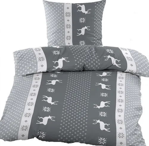 Biber Winter Bettwäsche 135 x 200 + 80x80 cm, grau weiß, Streifen/Hirsche, 100% Baumwolle