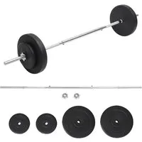 vidaXL Langhantel mit Gewichten Set 30 kg - Hantelset für effektives Krafttraining, inklusive 2 x 10 kg und 2 x 2 kg Gewichten. Robuste verchromte Stahlkonstruktion mit sicherem Sternverschluss für maximale Stabilität.