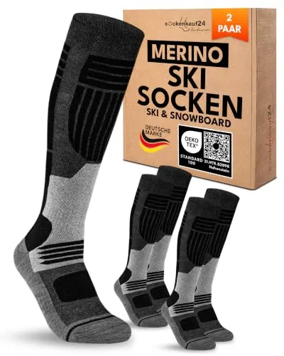 sockenkauf24 Herren Merino Skisocken 43-46 (2 Paar) Thermo Winter Kniestrümpfe mit Polsterung für Ski und Snowboard (Schwarz)
