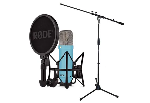 RØDE NT1 Signature Mikrofon Blau mit Stativ - Großmembran-Kondensatormikrofon für Gesang & Instrumente, extrem niedriges Eigenrauschen und inkl. Deluxe-Spinne mit Popschutz für professionelle Aufnahmen.