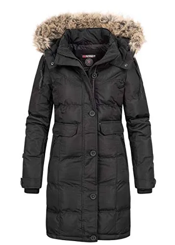 Geographical Norway Damen Winterjacke Parka mit abnehmbarer Kapuze - Stylische Damen Winterjacke mit abnehmbarer Kapuze und warmem Futter. Perfekt für kalte Tage, mit praktischen Seitentaschen und Storm Cuffs für zusätzlichen Komfort.