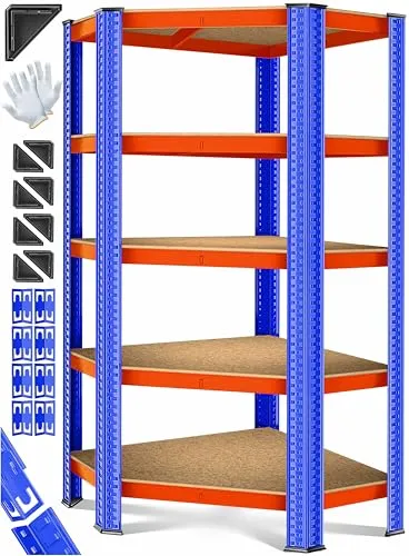 MASKO® Eckregal Schwerlastregal 180x75x40cm - Platzsparendes Eckregal für Keller, Garage und Werkstatt. Mit 5 verstellbaren MDF-Ablagen, bis 875 kg belastbar. Einfacher Aufbau ohne Schrauben dank Stecksystem.