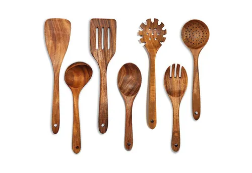 OKWISH Kochbesteck-Set Holz Küchenhelfer Set Kochgeschirr Küchenutensilien (Holzutensilien Holz Kochset Antihaft Hitzebeständig ohne Utensilienhalter, 7-tlg., Holzspatel, Sieblöffel, Salatgabel, Kochutensilien), langlebig Küchenwerkzeuge für Antihaftpfannen, dekorativ, Geschenk