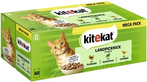 KITEKAT™ Portionsbeutel Multipack Landpicknick in Sauce 48x85g - Katzenfutter für Erwachsene mit saftigen Truthahn- und Kaninchenstücken, ideal für ein schmackhaftes Landpicknick und in praktischen Portionsbeuteln.