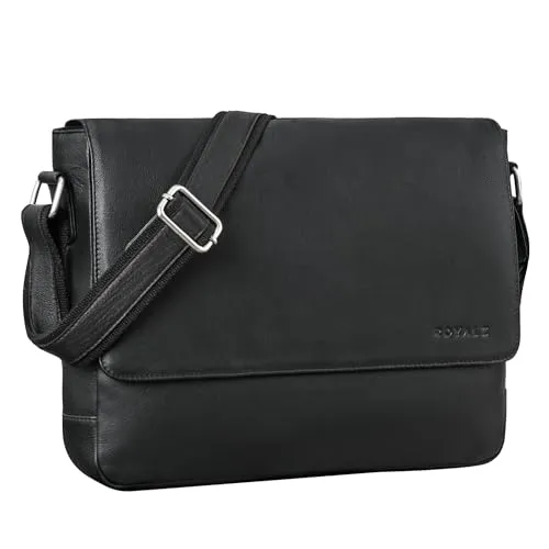 ROYALZ Vintage Umhängetasche Leder mittel-groß für Herren Damen 14-15 Zoll Laptop-Tasche 'San Diego' Bürotasche Messenger Bag Arbeitstasche Aktentasche Echtleder, Farbe:Schwarz