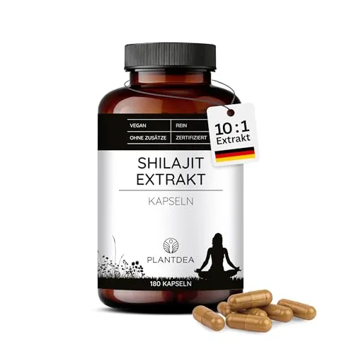 10:1 Shilajit Extrakt Kapseln I Vegan I 90 Tage Vorrat I Hochdosiert I 1000 mg Tagesdosis I Laborgeprüft I 50% Fulvinsäure I 12% Huminsäure I Ohne Zusätze I PlantDEA