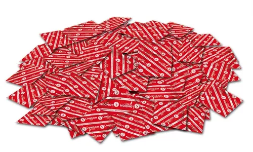 London Kondome rot mit Erdbeeraroma 100er Pack - Kondome mit erfrischendem Erdbeeraroma, feucht beschichtet auf Silikonbasis für zusätzlichen Komfort, ideal für unvergessliche Momente.