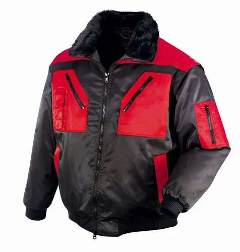 Piloten-Jacke OSLO 4180, schwarz/rot, Größe 5XL - Funktionsjacke mit herauszipbarer Faserpelz-Innenweste, abnehmbaren Ärmeln und zahlreichen praktischen Taschen für optimalen Komfort.