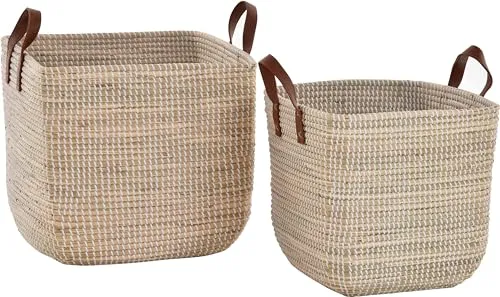 Set/2 Handgearbeitete Seegras Dekokörbe zur Aufbewahrung Flechtkorb Korb Natur mit weißen Wicklungen (Hell Natur, Set/2 Quadratisch (44x44x41 / 38x38x35cm))