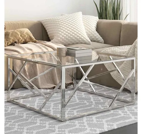 furnicato Couchtisch 80x80x40 cm Silbern mit Glasplatte