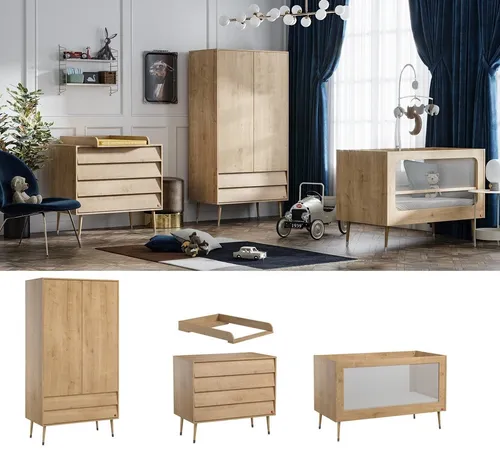 QMM TraumMöbel Babyzimmer Set Bonny, Eiche, 4-teilig - Hochwertiges Babyzimmer Set in Eiche, bestehend aus Kleiderschrank, Kommode, Wickelaufsatz und Kinderbett. Ideal für stilvolle und funktionale Einrichtung von Baby- und Kinderzimmern.