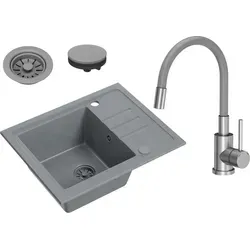 VBChome Granit Spülbecken Grau 55 x 44 cm mit flexibler Armatur - Elegante Granitspüle mit praktischer Abtropffläche, reversibel einbaubar und hitzebeständig bis 200 Grad. Inkl. flexibler Armatur mit QFix-System für einfache Montage und Wasserstrahlregler für reduzierte Wasserverbrauch.