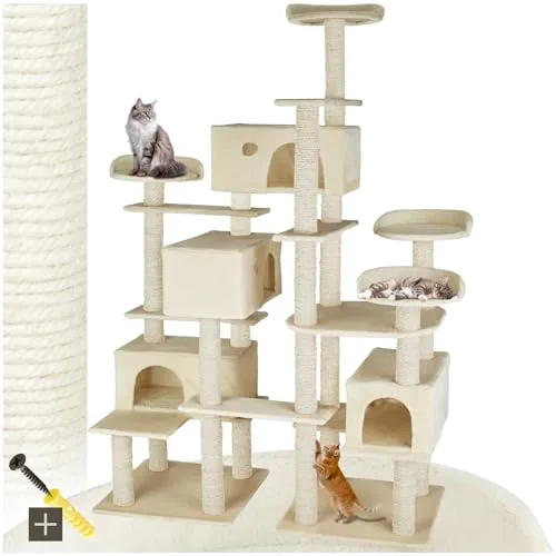 tectake® Kratzbaum 214 cm mit 4 Katzenhäusern - Kratzbaum für Abenteurer und Kletterer, mit Kippschutz und mehreren Ebenen für Spiel und Entspannung. Ideal für aktive Katzen, die ihren Spieltrieb ausleben möchten.