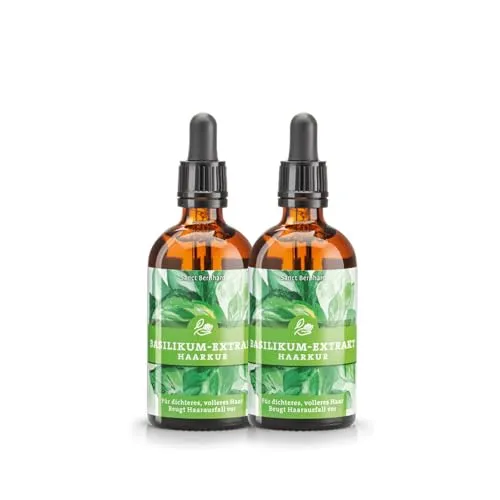 Sanct Bernhard Basilikum Extrakt Haare (2x 100 ml) Kur zur Pflege von dünnem, trockenem & brüchigem Haar | Beugt Haarausfall vor | Mit Koffein & Aloe Vera | Verbessert das Haarwachstum