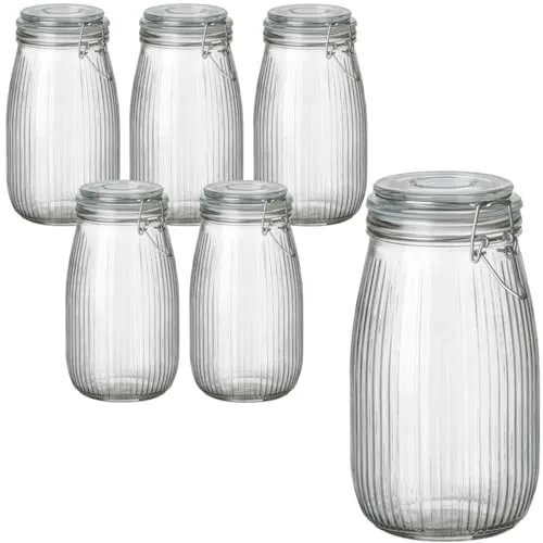 gouveo 6er Set Vorratsgläser 1500 ml geriffelt mit Bügelverschluss