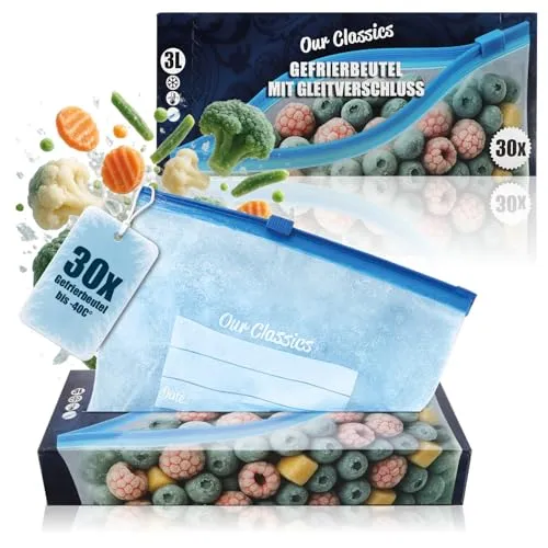 com-four® 30x Gefrierbeutel 3 Liter zum Verschließen, wiederverschließbare Frischhaltebeutel zur Lebensmittelaufbewahrung