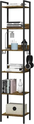 Woltu Standregal mit 6 Ebenen und 4 Haken im Industriestil - Vielseitiges Küchenregal mit 6 offenen Regalböden für optimalen Stauraum. Robuste Kombination aus Metall und Holzoptik, ideal für Wohn- und Küchenbereiche. Stabiler Aufbau mit Kippschutz und verstellbaren Füßen.