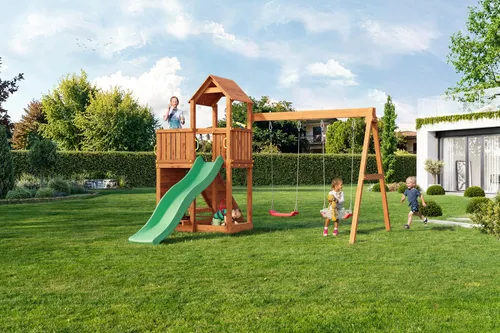 Fungoo FLOPPI Teak Spielplatz mit Rutsche und Doppelschaukel - Erleben Sie Spielspaß pur mit dem Fungoo FLOPPI in edler Teak-Optik! Ideal für bis zu 7 Kinder, mit Kletterwand, Rutsche und integriertem Picknicktisch für unvergessliche Abenteuer im Garten.