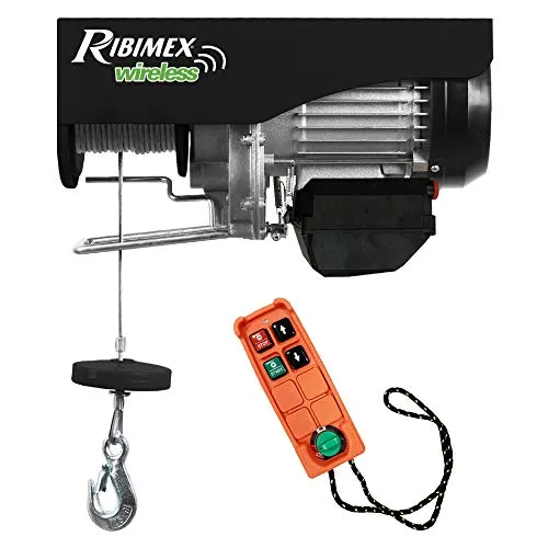 Ribimex Elektrischer Seilzug mit Funksteuerung 200/400 kg, Umlenkrolle und 18 m Stahlseil, 230V~50Hz Einphasenmotor, Für Haus, Werkstatt und Baustelle – PE200/400T