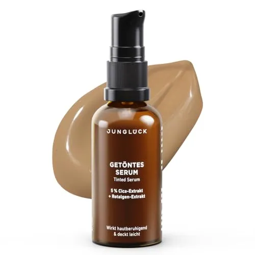 JUNGLÜCK Getöntes Serum Gesicht – Vegan - Veganes Gesichtsserum mit Hyaluron für einen natürlichen No-Make-Up Look. Leichte Deckkraft und 97% natürliche Inhaltsstoffe sorgen für einen gleichmäßigen Teint ohne Silikone oder Mikroplastik.