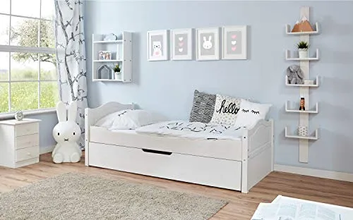 TiCAA Einzelbett Leni 100x200 Kiefer Weiß - Flexibles Bett mit Schubkasten - Betten aus massivem Kiefernholz mit optionalen Schubkästen für Stauraum, ideal für Platzersparnis im Kinderzimmer oder Gästezimmer.