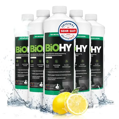 BiOHY Wischroboter Reinigungsmittel für Reinigungsstationen (6 x 1 Liter) | Verlängert die Lebensdauer der Absaugstation | Schaumarmes Bodenreiniger Konzentrat