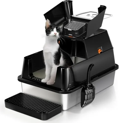 XXL Edelstahl Katzenklo mit Deckel, 180° Flip-Oben XXL Katzentoilette, Große Katzentoilette aus Edelstahl, Geschlossen Katzenklo Katzen WC, Auslaufsicher und Leicht zu Reinigen - Schwarz