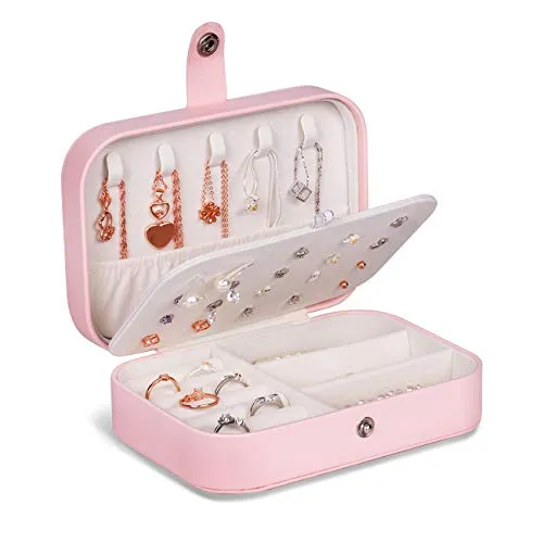 JOYUE Schmuckkästchen Reise PU-Leder Schmuckbox Tragbar Schmuck Aufbewahrungsbox für Ringe Ohrringe Halskette, 16,5 x 11,5 x 5,5 cm (Pink)