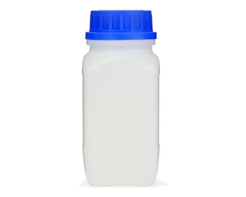 Weithals-Flasche mit blauem Deckel, naturfarben, vierkant, G 54 | Stabiler HDPE-Behälter für Proben, Pigmente, Pulver und technische Flüssigkeiten in Labor und Werkstatt 500 ml