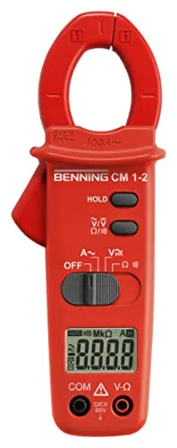 Benning CM 1-2 Digital- Stromzangen-Multimeter (Anzeige digital, Strommessbereich/AC 0.1 A - 400 A, 3 ½-stellige LCD-Anzeige (2000 Punkte, Zangenöffnung 30 mm, Durchgangsprüfung 20 Ohm) 44062, Rot, Schwarz